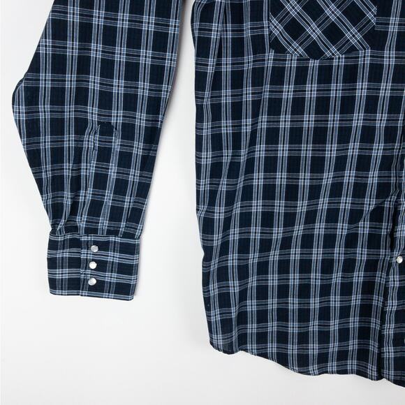 Plains Western Shirt Men's Large Long Sleeve Pearl Snaps Plaid Blue White - Picture 4 of 11